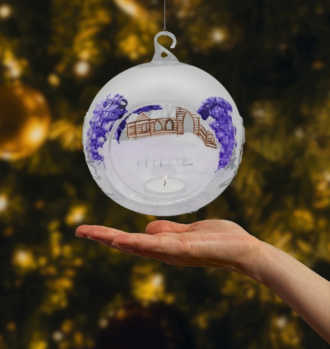 Szklana bombka okrągła Bombka Lampion ze stojakiem: fioletowy realne zdjęcie