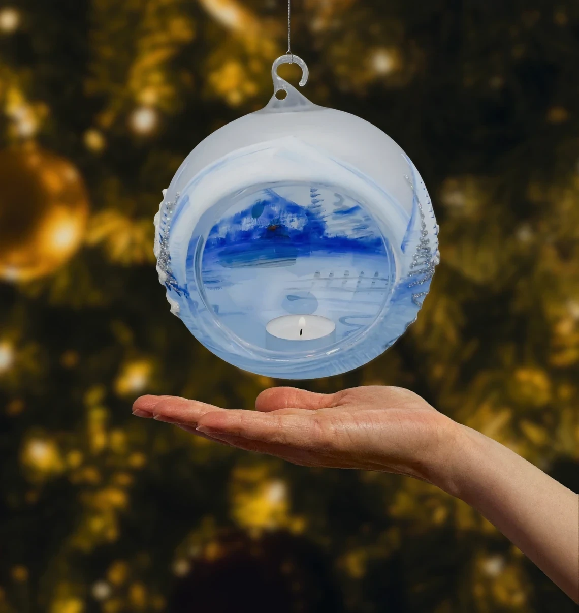 Szklana bombka okrągła Bombka Lampion ze stojakiem: niebieski realne zdjęcie