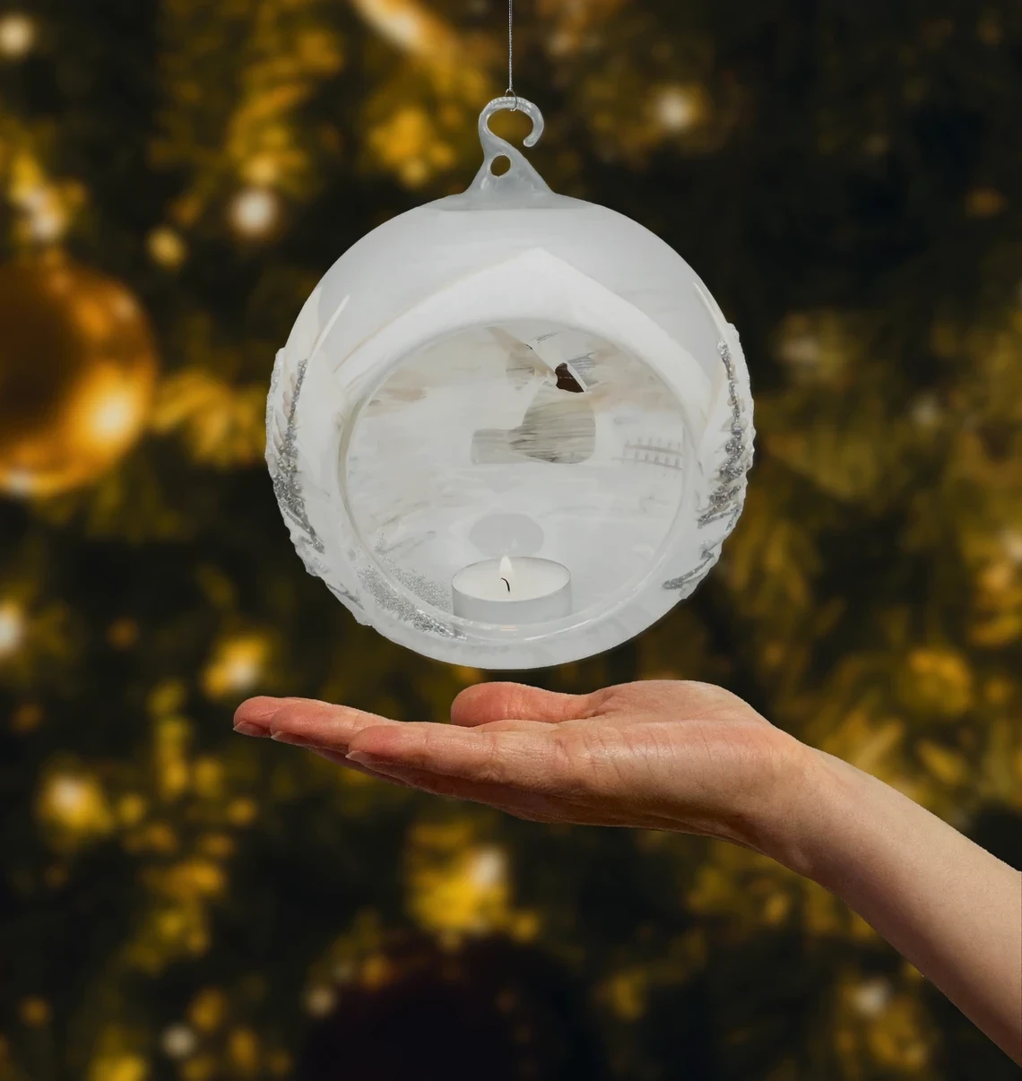 Szklana bombka okrągła Bombka Lampion ze stojakiem: Zimowy Pejzaż realne zdjęcie