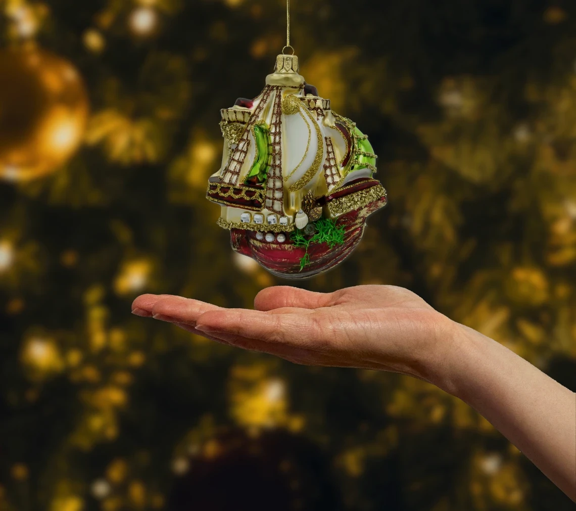 Bombka szklana figurka Złoty statek realne zdjęcie