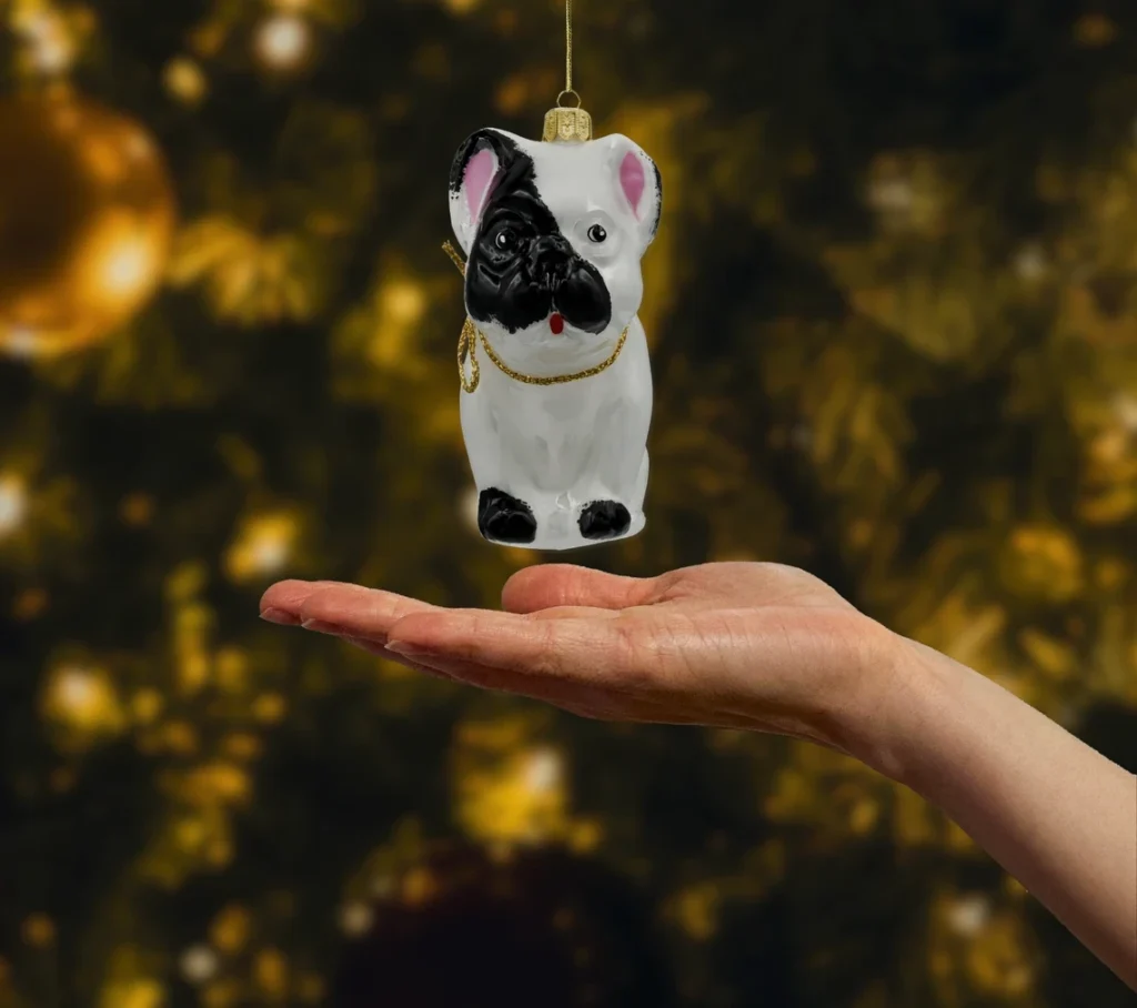 Bombka szklana figurka Buldog francuski: biały realne zdjęcie