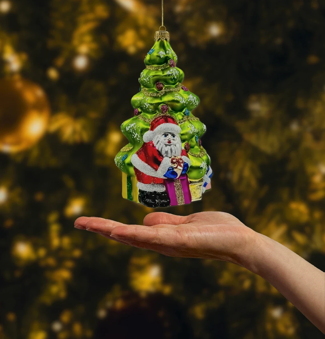 Bombka szklana figurka Choinka z Mikołajem i prezentami realne zdjęcie