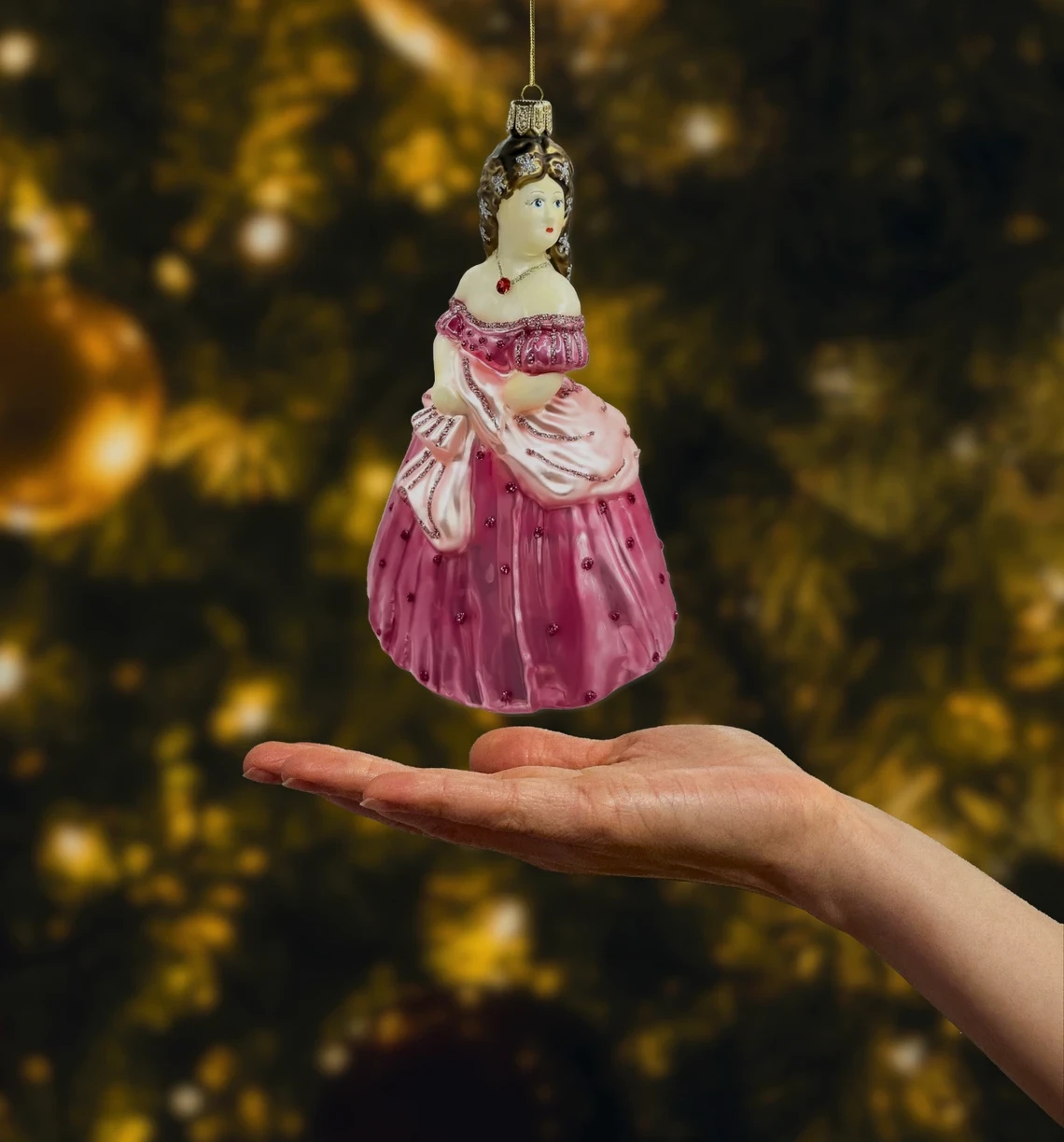 Bombka szklana figurka Dama w różowej balowej sukni realne zdjęcie