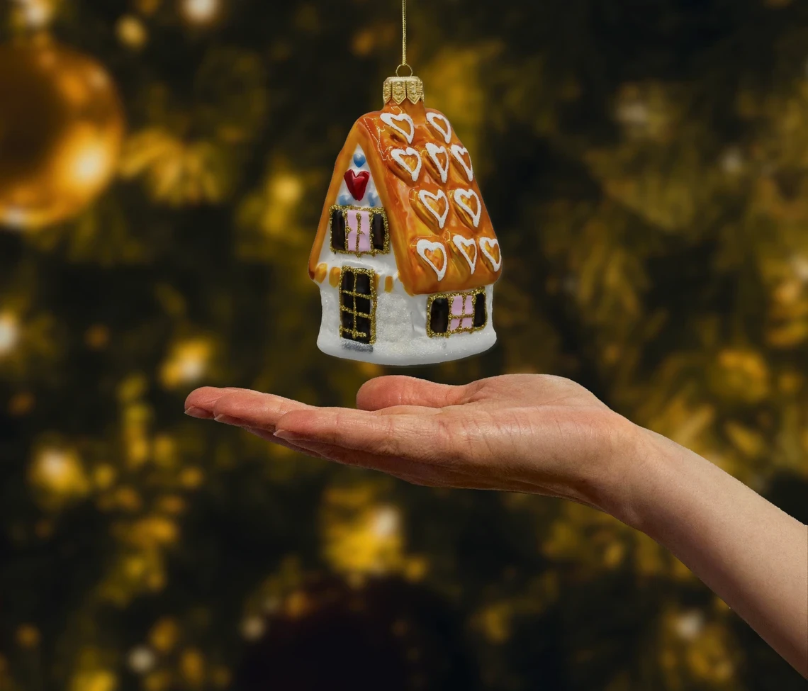 Bombka szklana figurka Domek z serduszkami: pomarańczowy realne zdjęcie