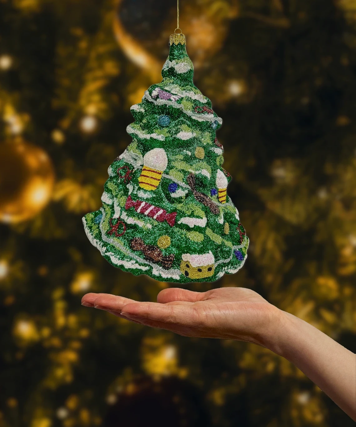 Bombka szklana figurka Duża zielona choinka z ozdobami realne zdjęcie