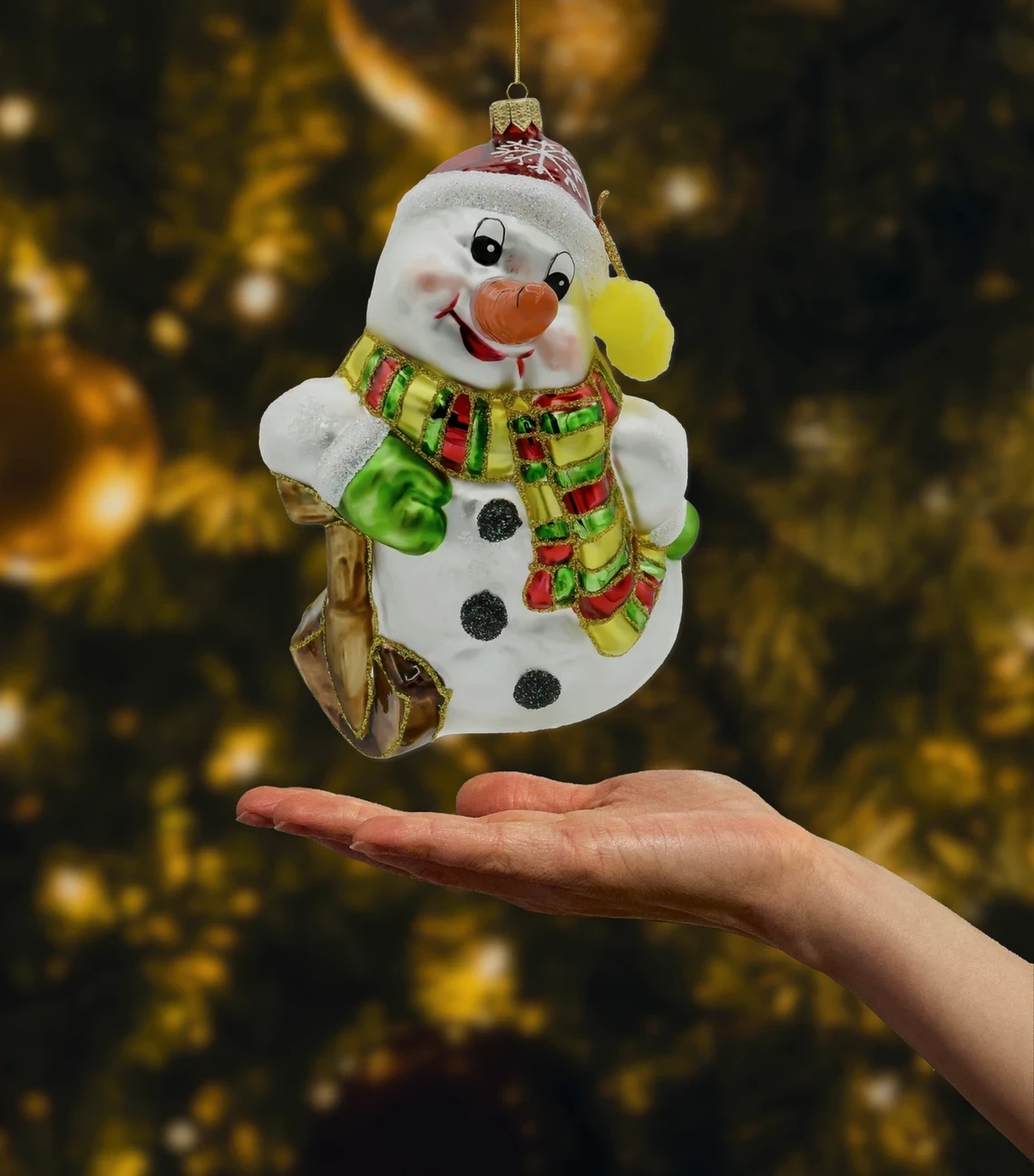 Bombka szklana figurka Duży wesoły bałwanek z szalikiem i pomponami realne zdjęcie