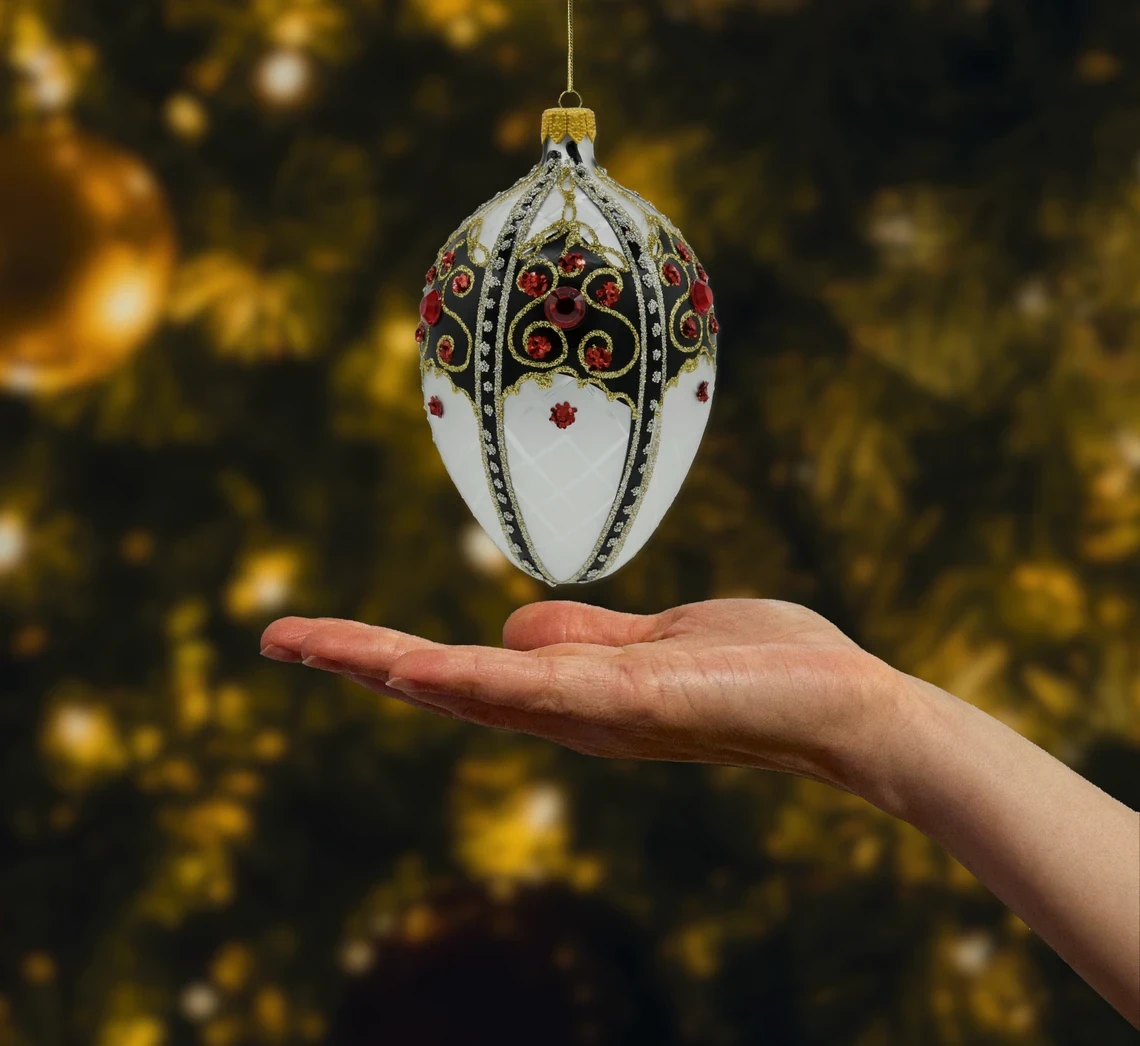 Bombka szklana figurka Ekskluzywne Jajo Faberge: biało-czarne realne zdjęcie