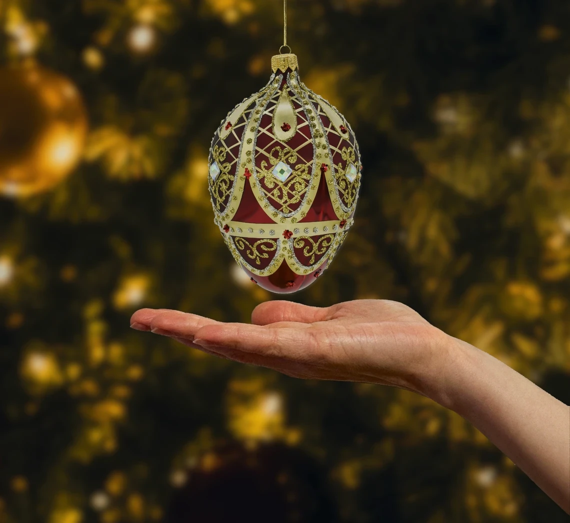 Bombka szklana figurka Ekskluzywne jajo Faberge: bordowe realne zdjęcie