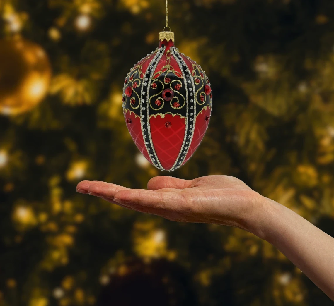 Bombka szklana figurka Ekskluzywne jajo Faberge: czerwone z czarnym realne zdjęcie