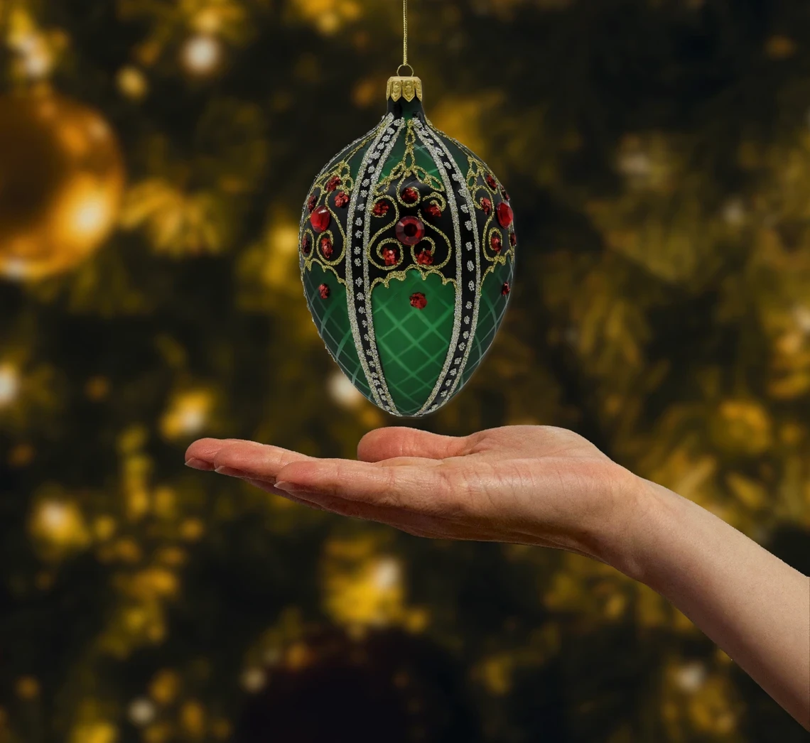 Bombka szklana figurka Ekskluzywne jajo Faberge w butelkowej zieleni realne zdjęcie