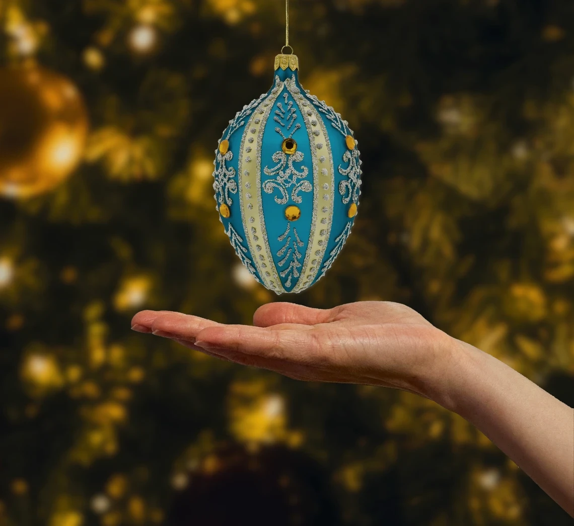 Bombka szklana figurka Ekskluzywne jajo Faberge z bursztynami: turkusowe realne zdjęcie