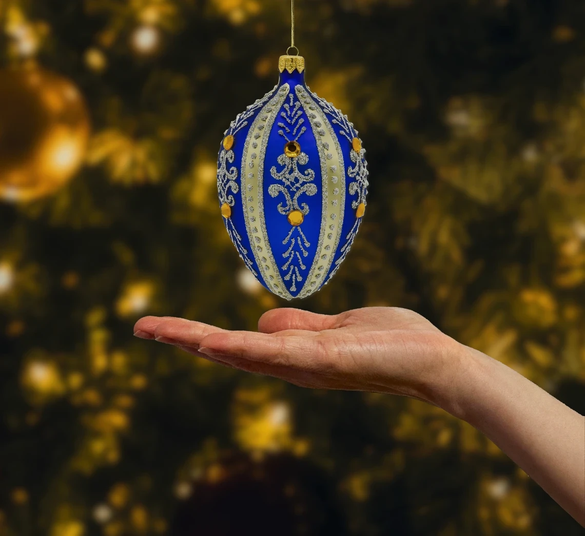 Bombka szklana figurka Ekskluzywne jajo Faberge z bursztynem: niebieskie realne zdjęcie