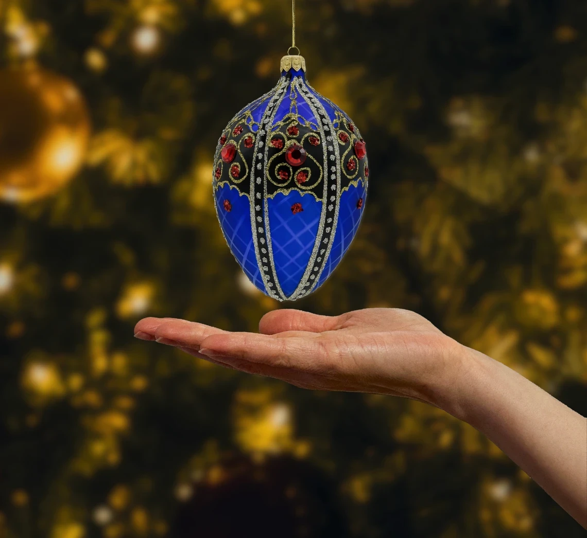 Bombka szklana figurka Ekskluzywne jajo Faberge z czarnym ornamentem: niebieskie realne zdjęcie