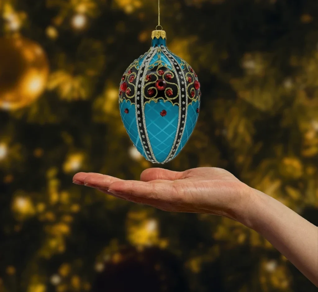 Bombka szklana figurka Ekskluzywne jajo Faberge z czarnym ornamentem: turkusowe realne zdjęcie