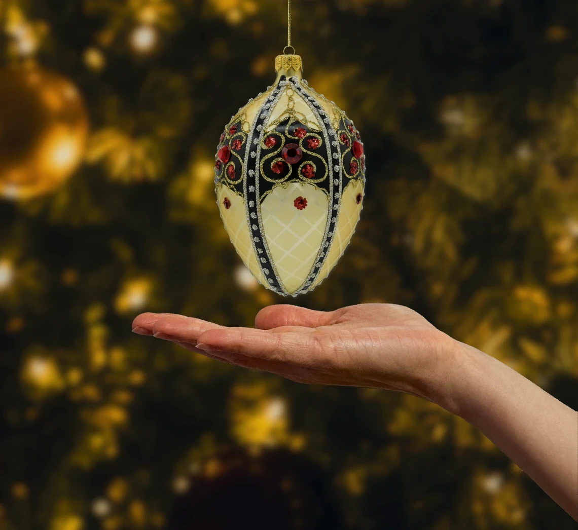 Bombka szklana figurka Ekskluzywne jajo Faberge z czarnym ornamentem: złote realne zdjęcie