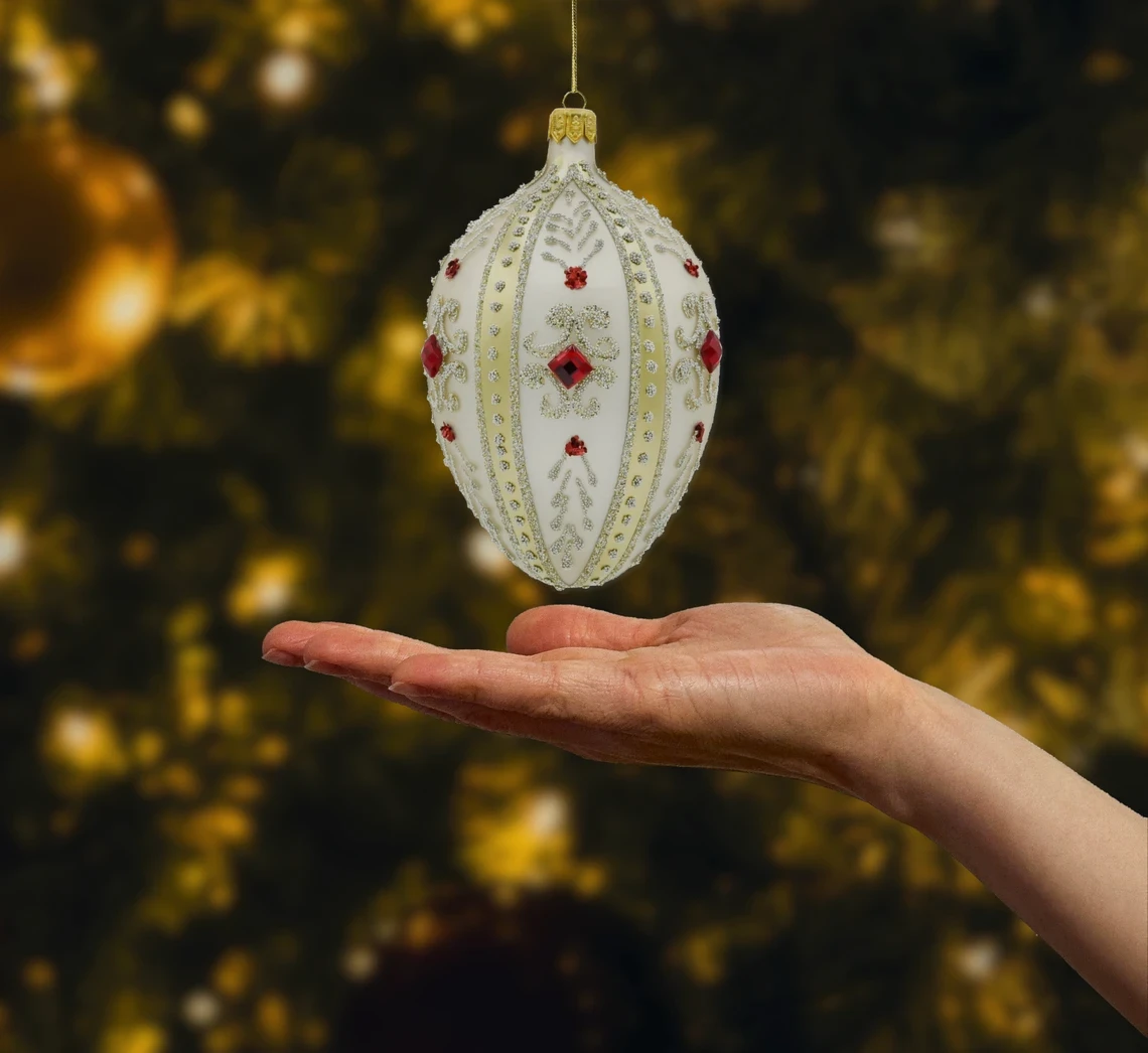 Bombka szklana figurka Ekskluzywne jajo Faberge z czerwonymi kamieniami: srebrne realne zdjęcie