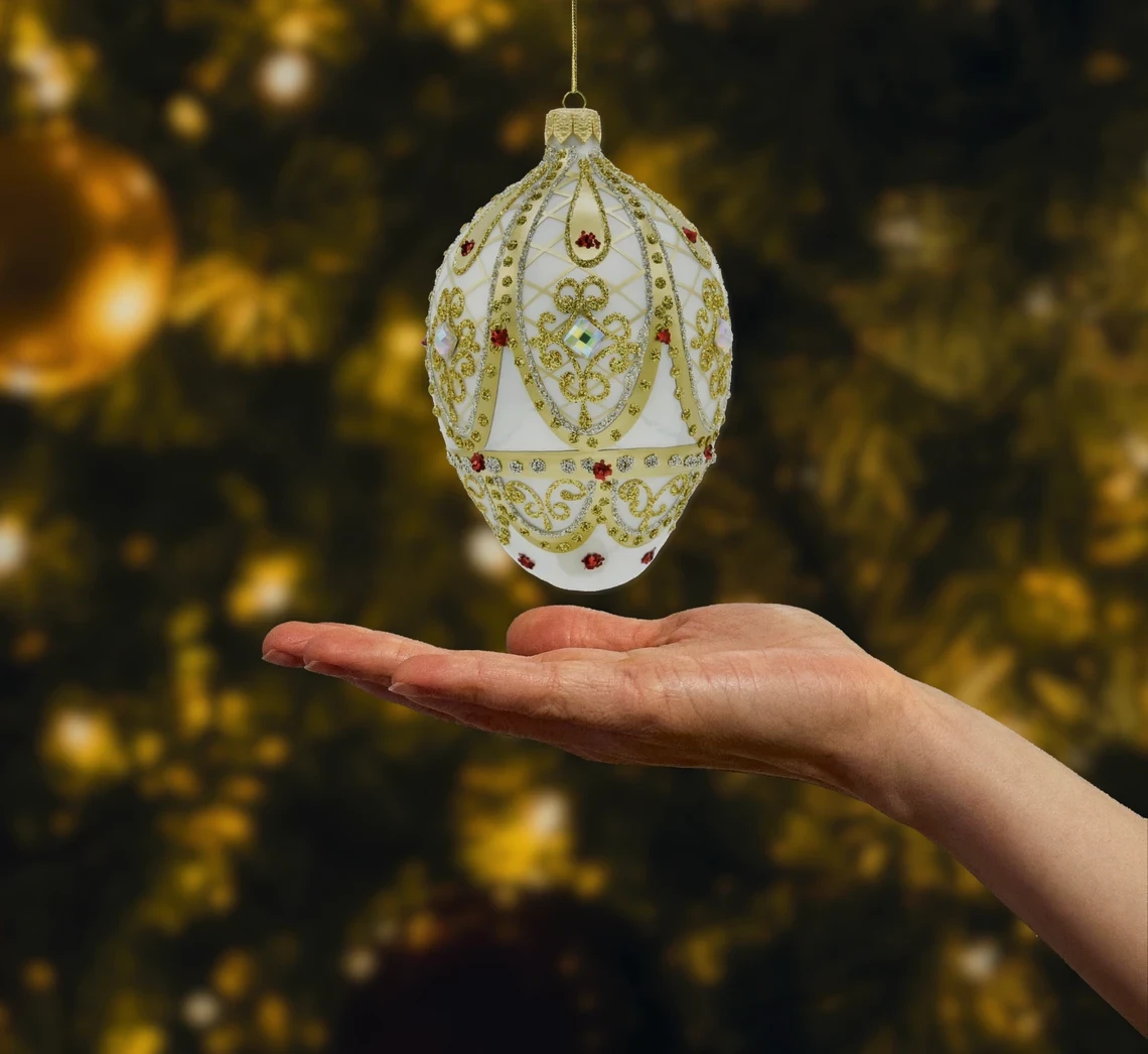 Bombka szklana figurka Ekskluzywne jajo Faberge z kamieniami: białe realne zdjęcie