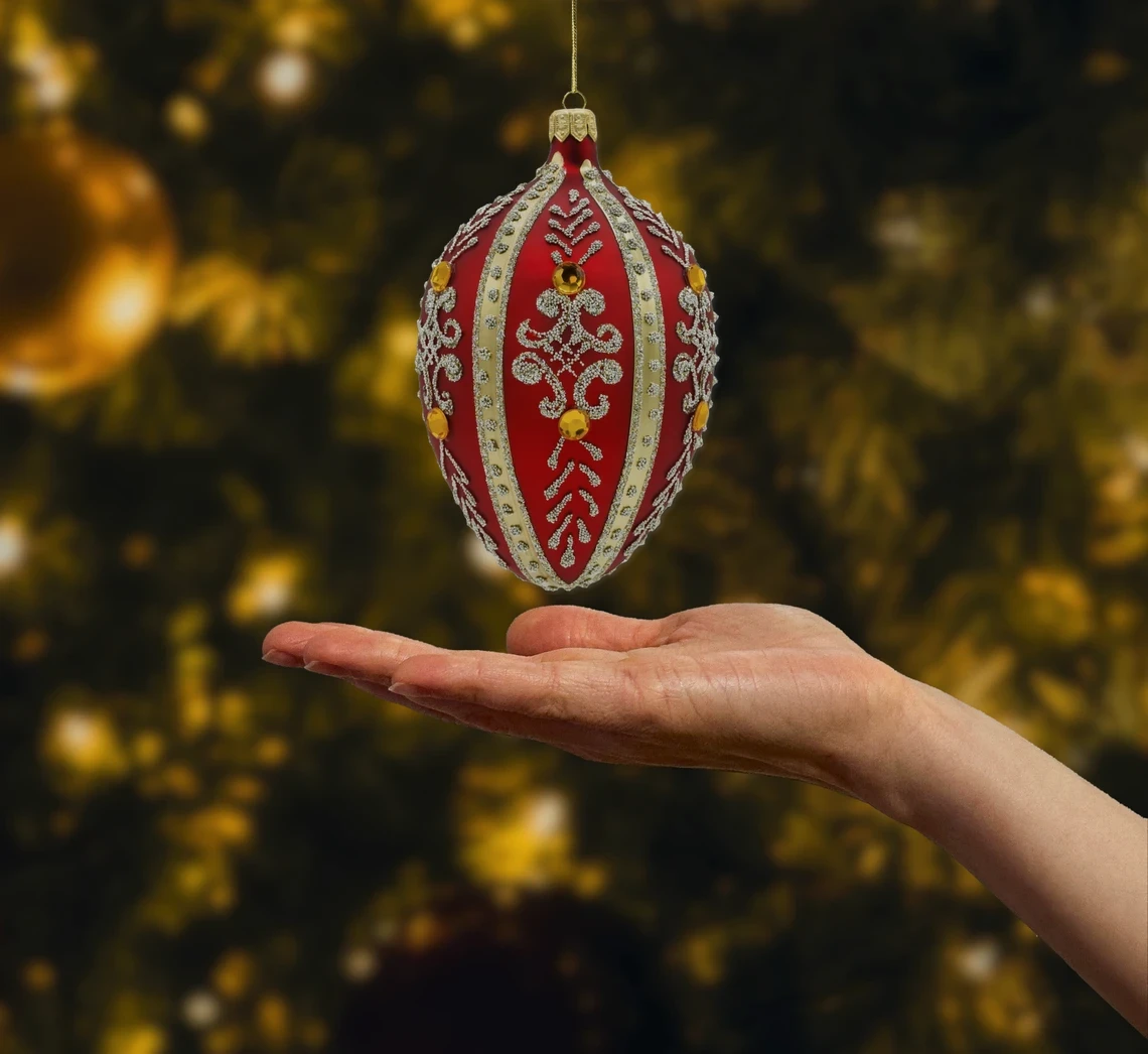 Bombka szklana figurka Ekskluzywne jajo Faberge z kamieniami: czerwone realne zdjęcie