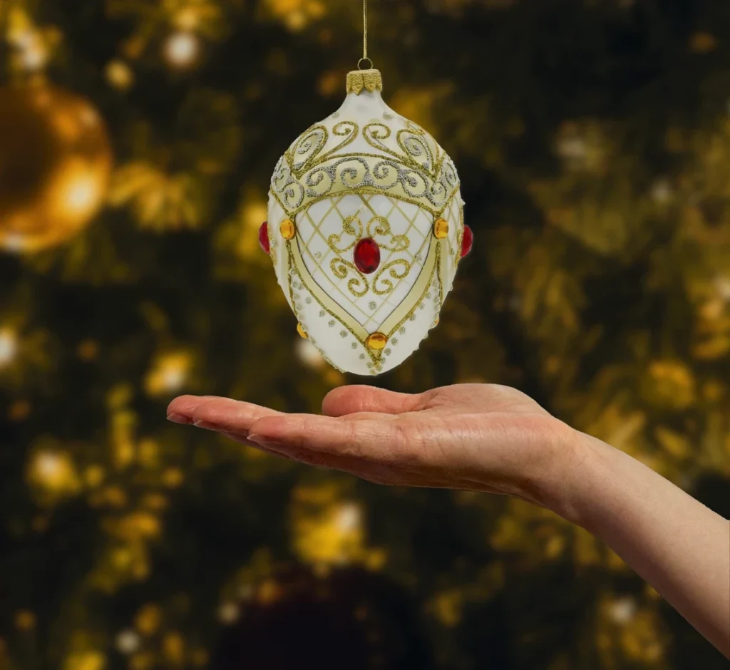 Bombka szklana figurka Ekskluzywne jajo Faberge z kamieniami: jasnozłote realne zdjęcie