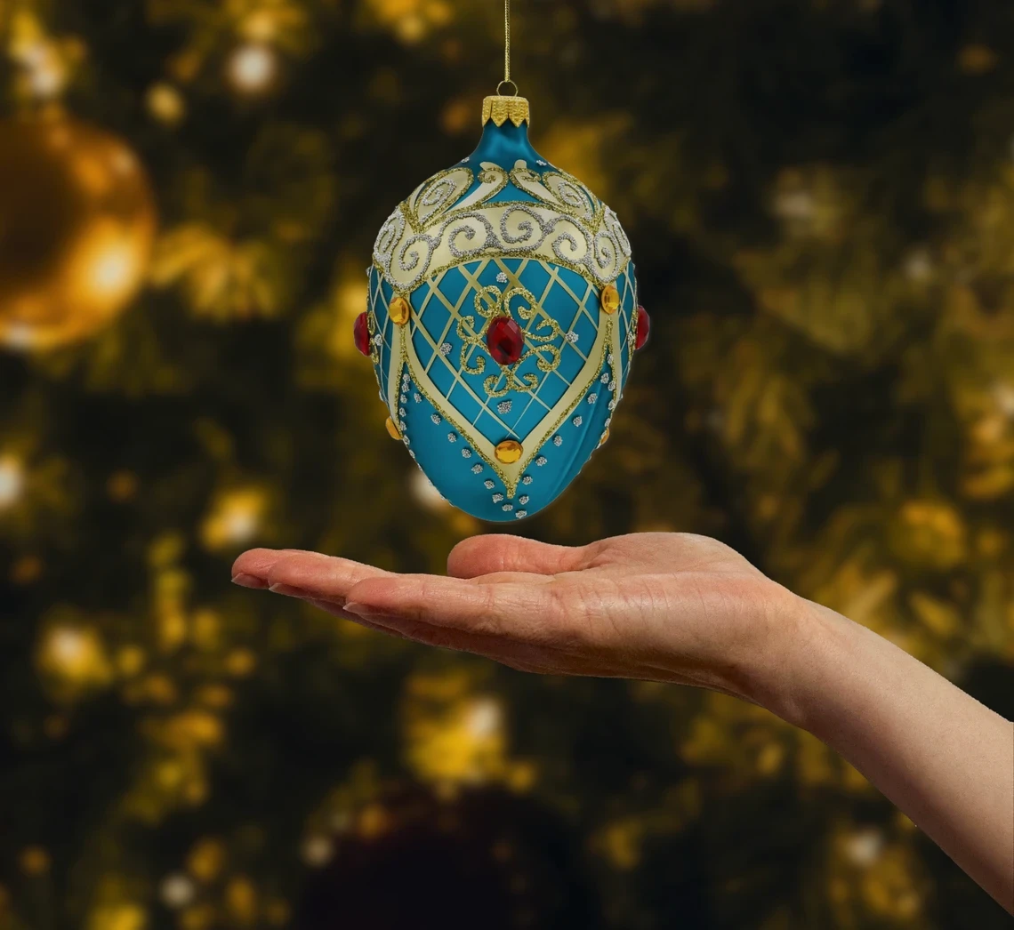 Bombka szklana figurka Ekskluzywne jajo Faberge z kamieniami: turkusowe realne zdjęcie