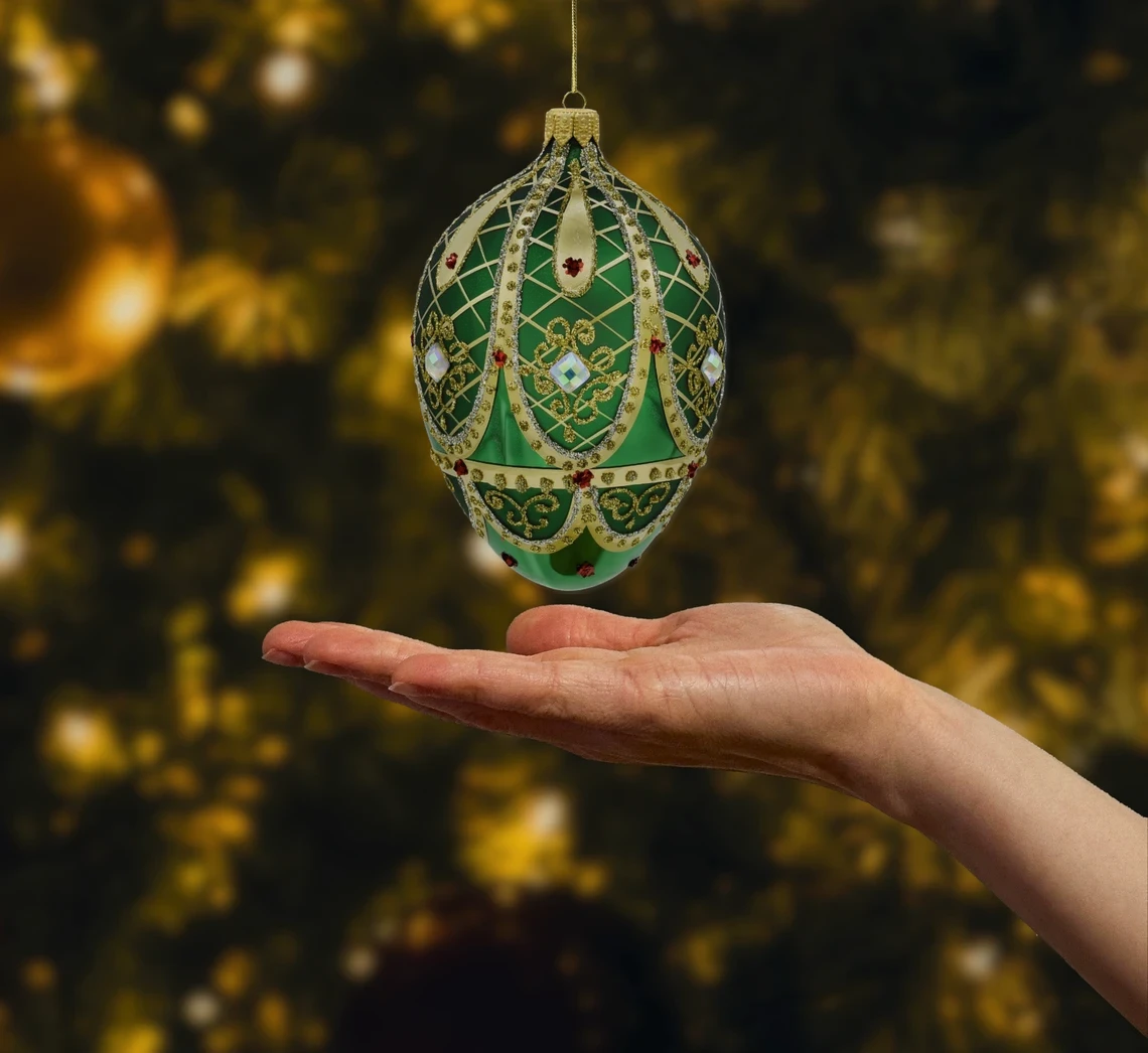Bombka szklana figurka Ekskluzywne jajo Faberge z kamieniami: zielone realne zdjęcie