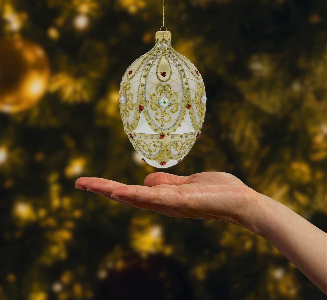 Bombka szklana figurka Ekskluzywne jajo Faberge z kamieniami: złote realne zdjęcie