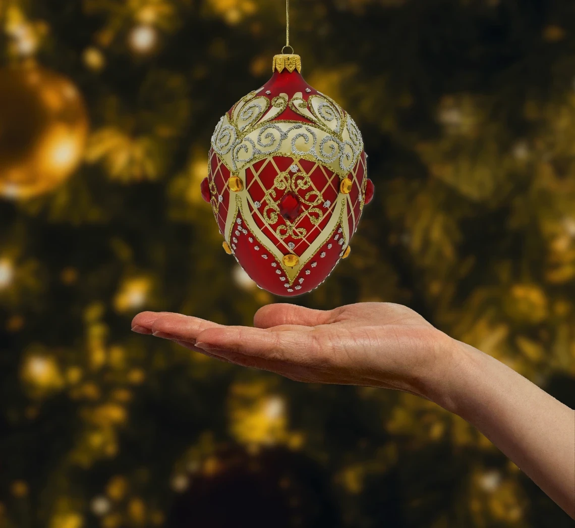 Bombka szklana figurka Ekskluzywne jajo Faberge z kryształami: czerwone realne zdjęcie