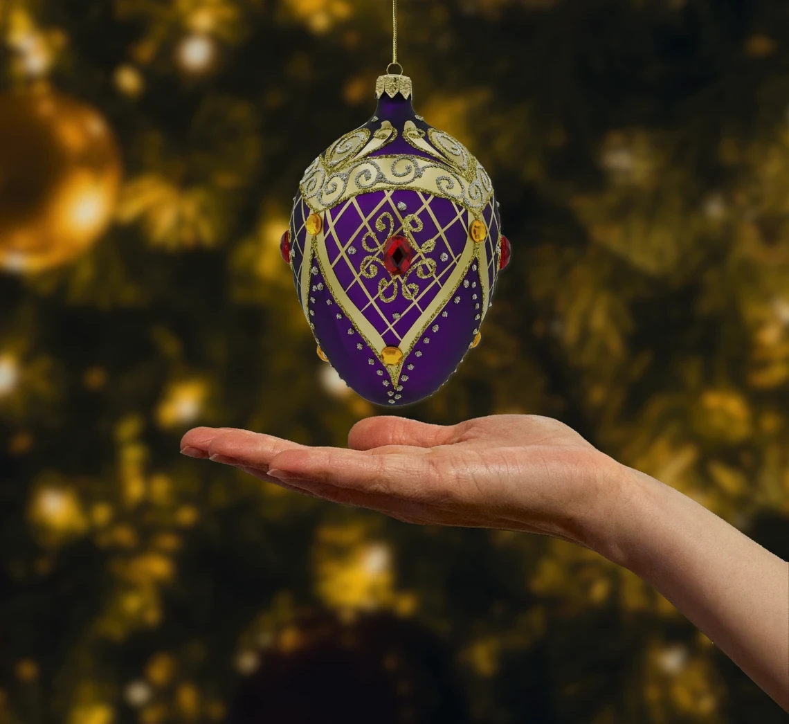 Bombka szklana figurka Ekskluzywne jajo Faberge z kryształami: purpurowe realne zdjęcie