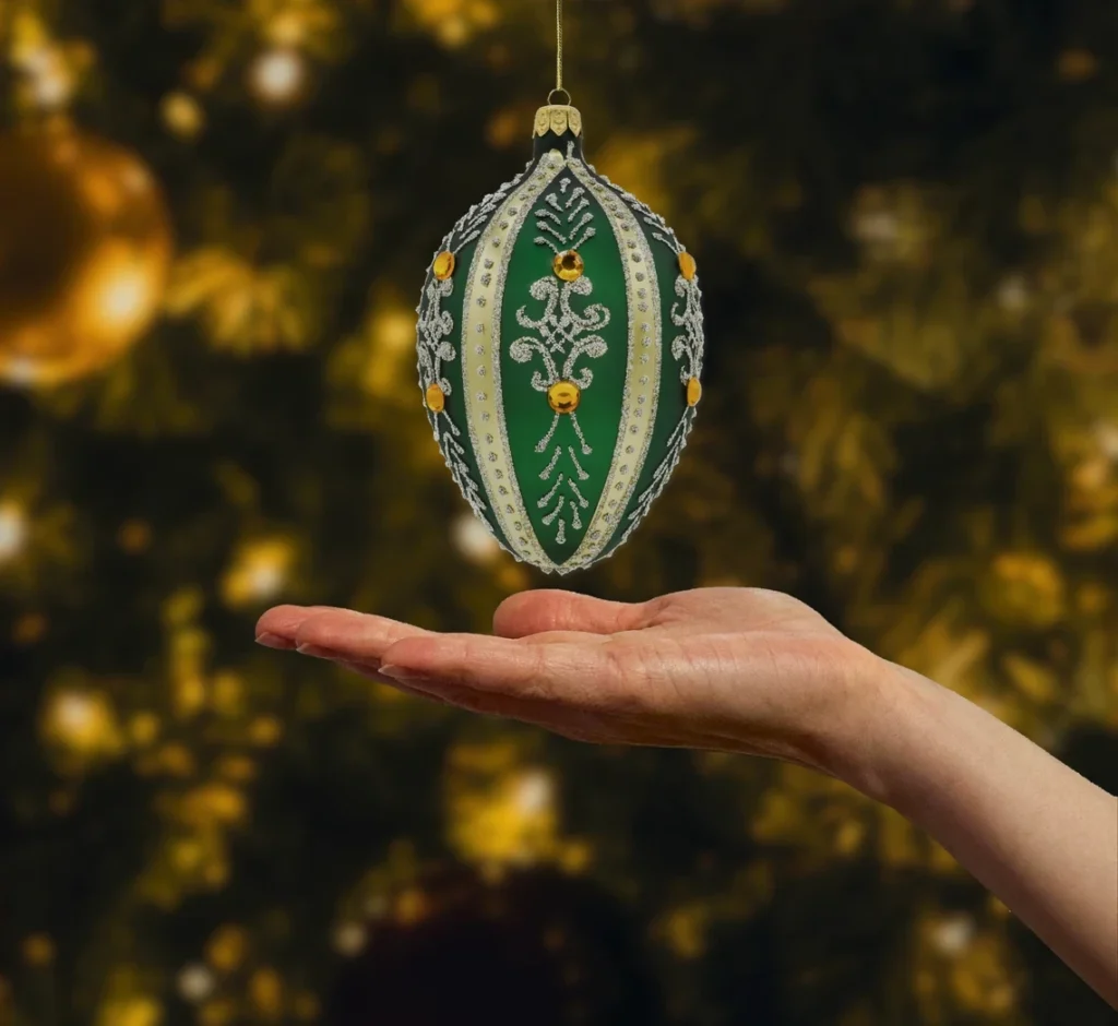 Bombka szklana figurka Ekskluzywne jajo Faberge z kryształami: zielone realne zdjęcie