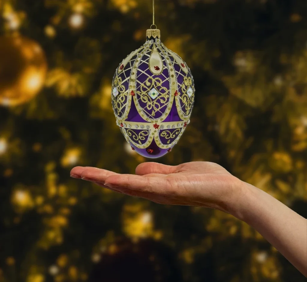 Bombka szklana figurka Ekskluzywne jajo Faberge z kryształem: purpurowe realne zdjęcie
