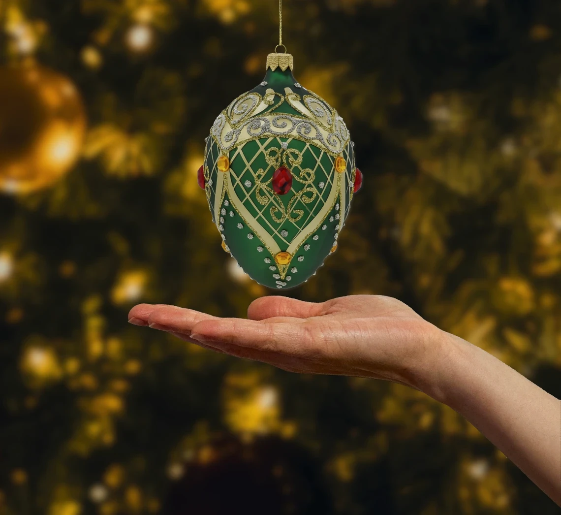 Bombka szklana figurka Ekskluzywne jajo Faberge z rubinem: zielone realne zdjęcie
