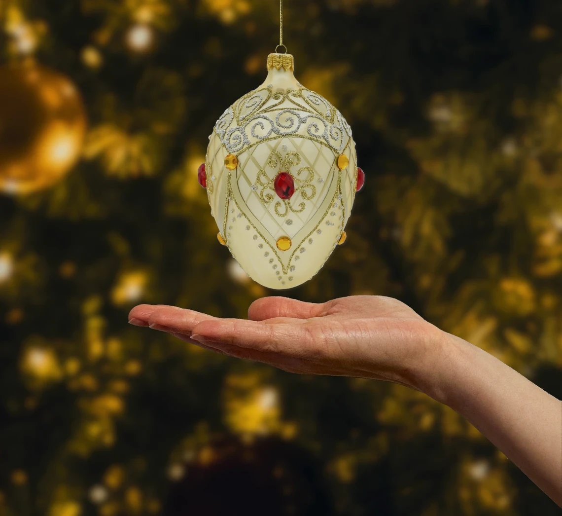 Bombka szklana figurka Ekskluzywne jajo Faberge z rubinem: złote realne zdjęcie