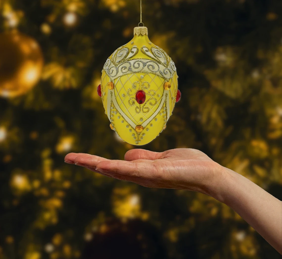 Bombka szklana figurka Ekskluzywne jajo Faberge z rubinem: żółte realne zdjęcie