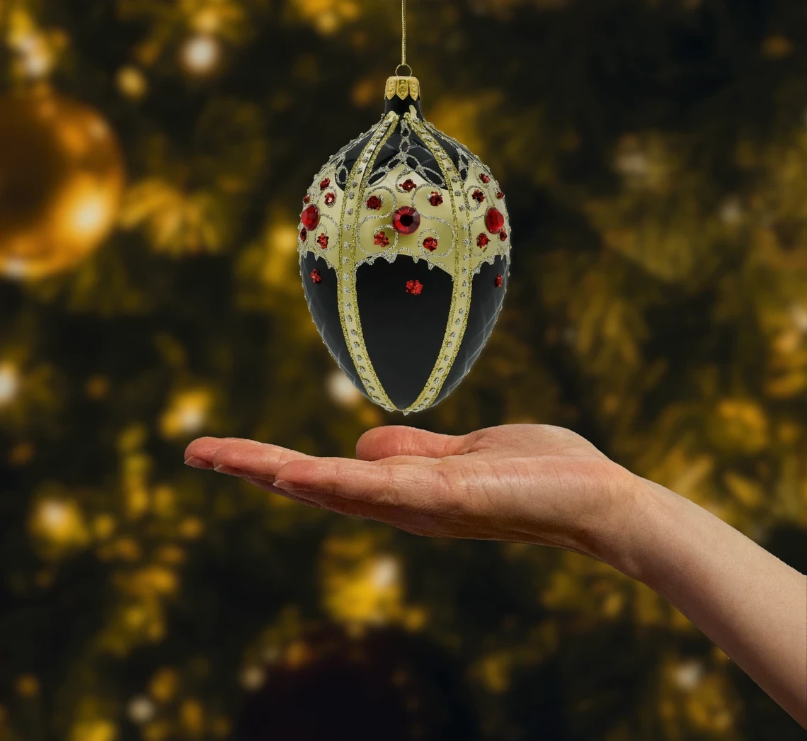 Bombka szklana figurka Ekskluzywne jajo Faberge ze złotym ornamentem: czarne realne zdjęcie