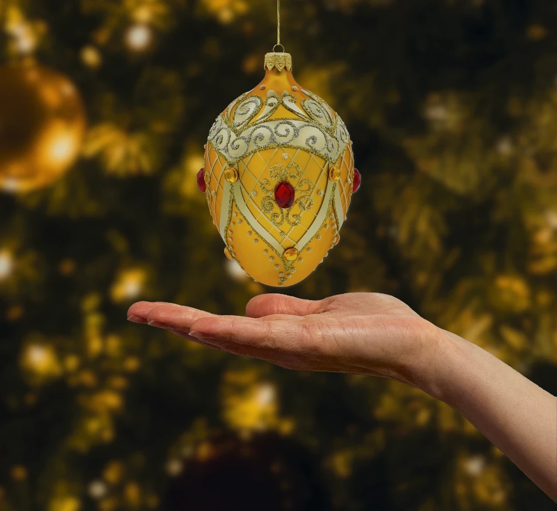 Bombka szklana figurka Ekskluzywne jajo Fabrge z rubinem: bursztynowe realne zdjęcie