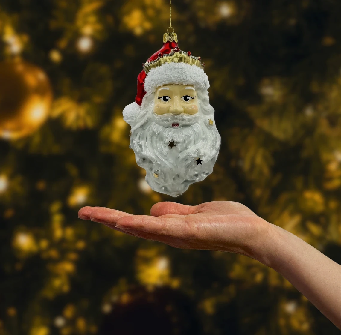 Bombka szklana figurka Głowa Świętego Mikołaja w koronie realne zdjęcie