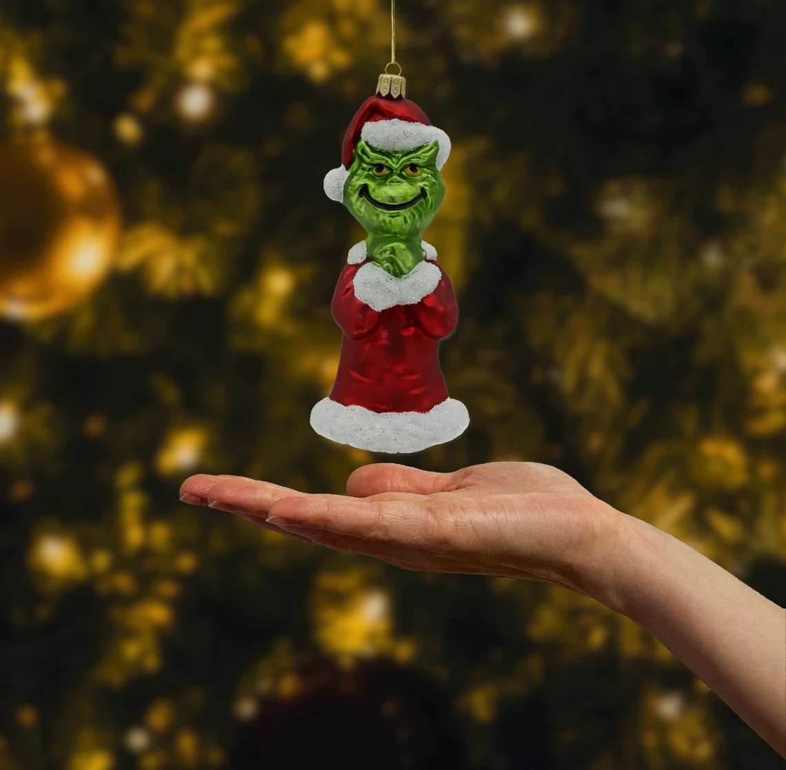 Bombka szklana figurka Grinch w czerwonym płaszczu realne zdjęcie