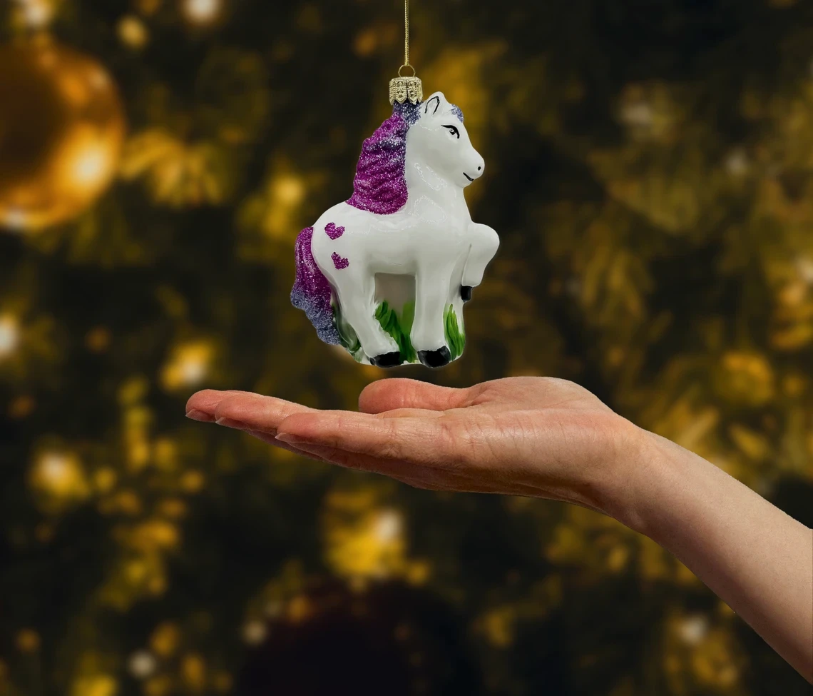 Bombka szklana figurka Konik z brokatową grzywą realne zdjęcie