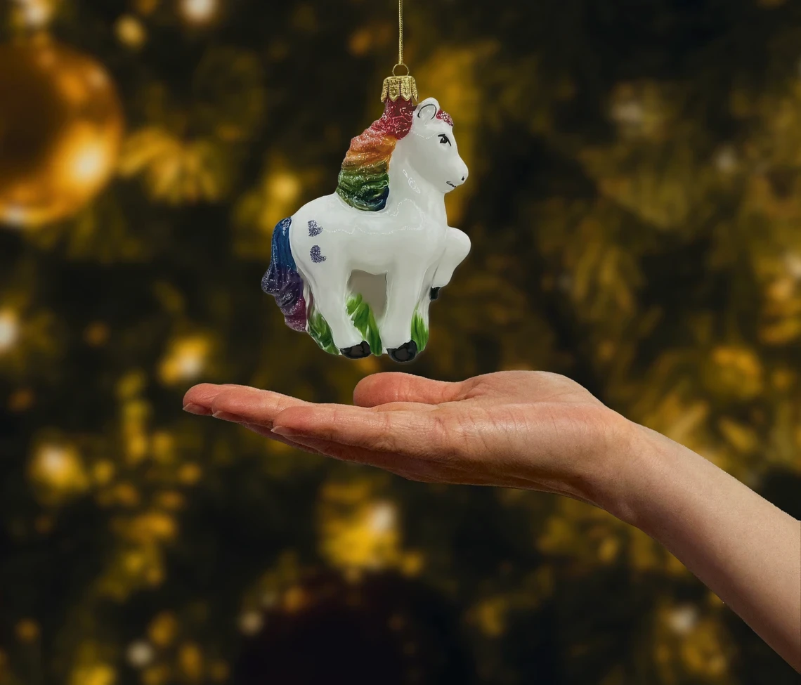 Bombka szklana figurka Konik z tęczową grzywą realne zdjęcie