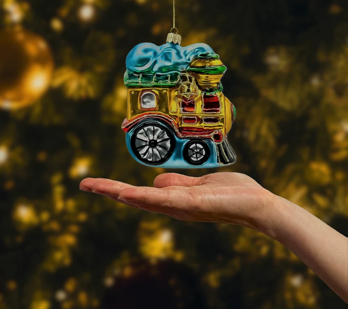 Bombka szklana figurka Kolorowa Lokomotywa realne zdjęcie