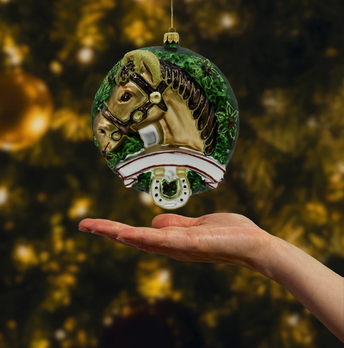 Bombka szklana figurka Koń w wieńcu: gniady realne zdjęcie