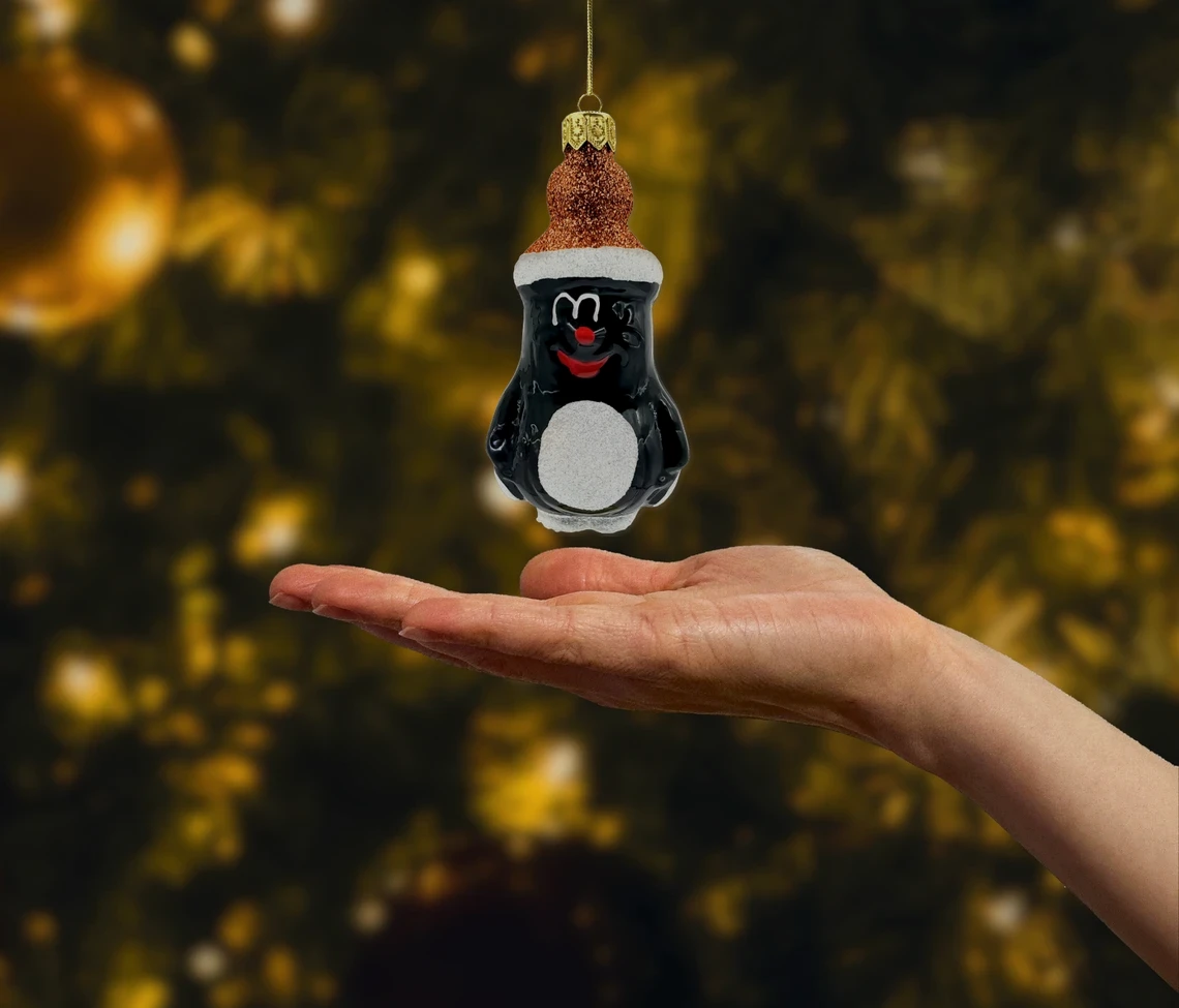 Bombka szklana figurka Krecik w brokatowej czapie: brązowy realne zdjęcie