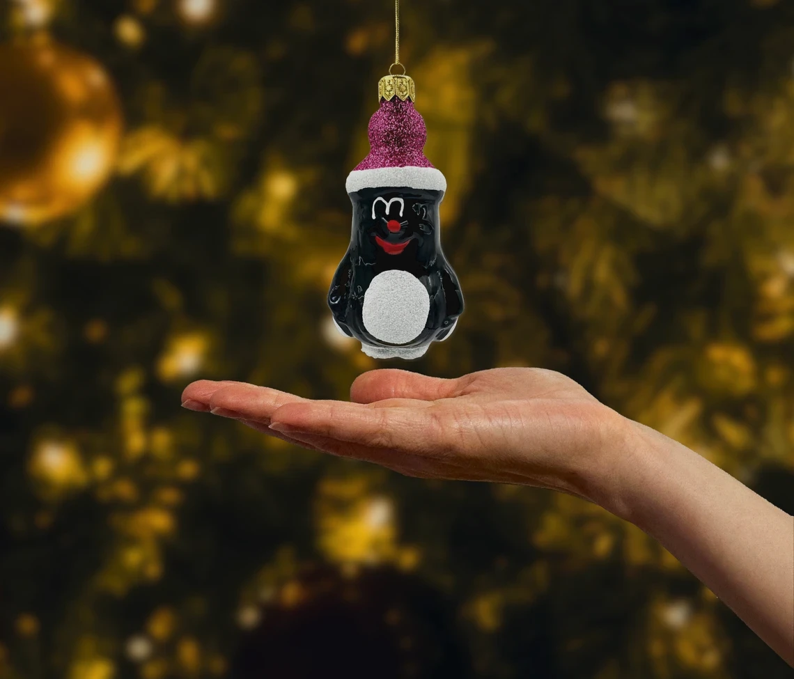 Bombka szklana figurka Krecik w brokatowej czapie: fioletowy realne zdjęcie