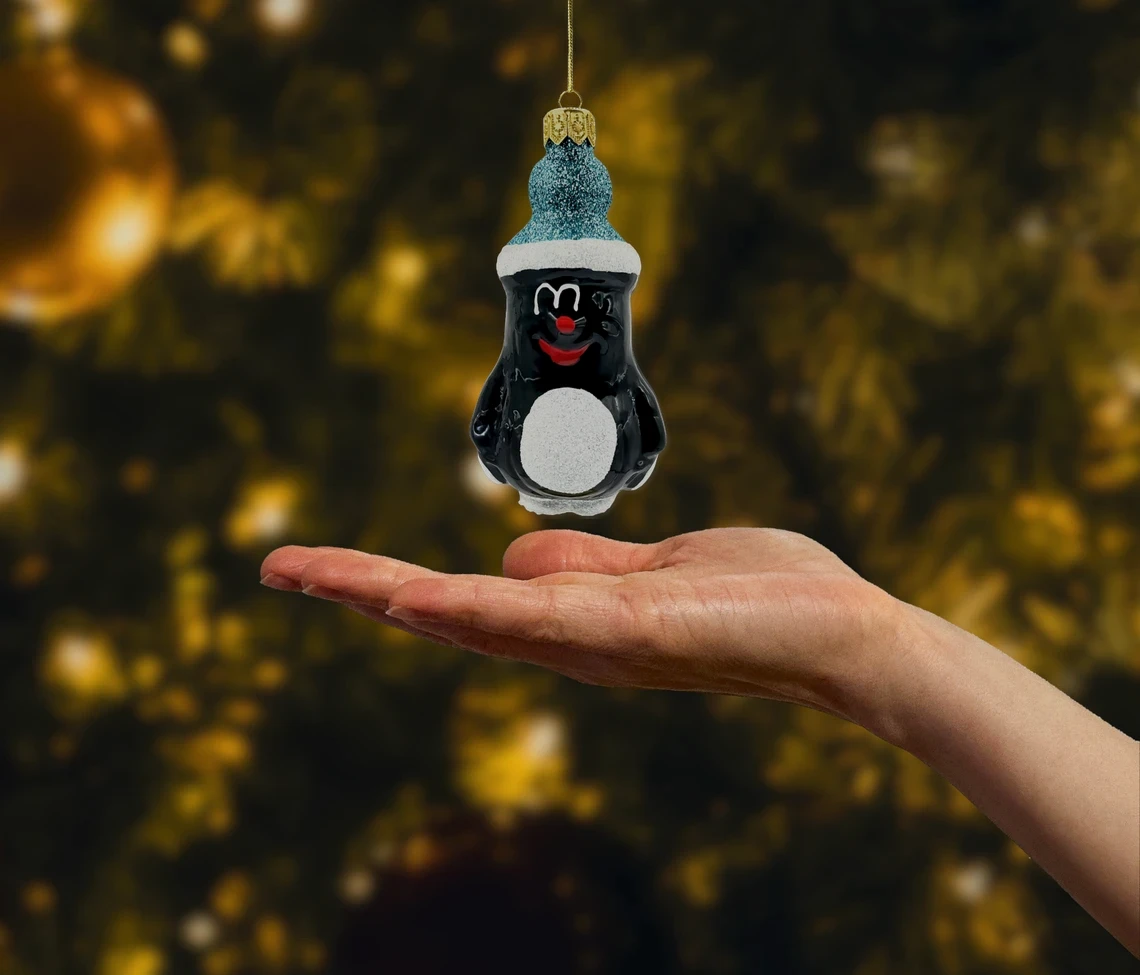 Bombka szklana figurka Krecik w brokatowej czapie: niebieski realne zdjęcie