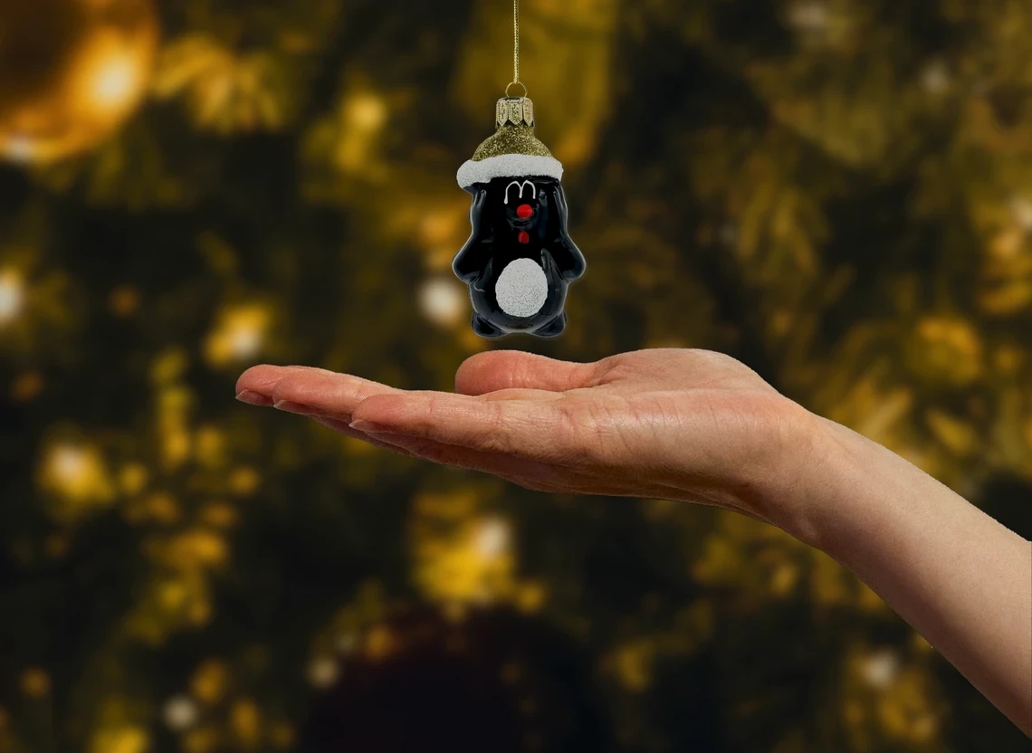 Bombka szklana figurka Krecik w czapce Świętego Mikołaja: złoty realne zdjęcie