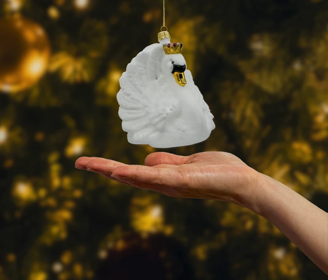 Bombka szklana figurka Królewski Łabędź w koronie: biały realne zdjęcie