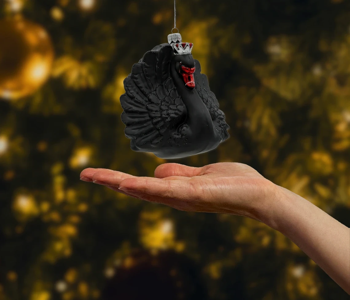 Bombka szklana figurka Królewski Łabędź w koronie: czarny realne zdjęcie