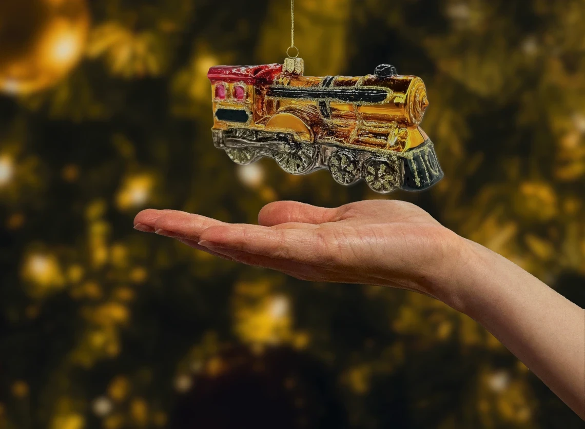 Bombka szklana figurka Lokomotywa retro: pomarańczowa realne zdjęcie