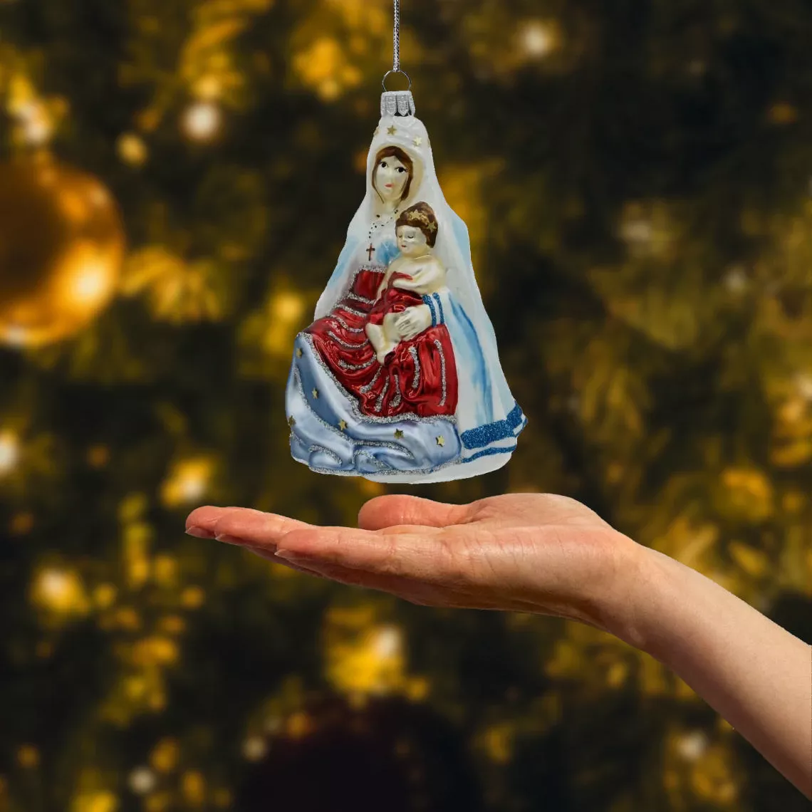 Bombka szklana figurka Matka Boska z Dzieciątkiem: biała realne zdjęcie