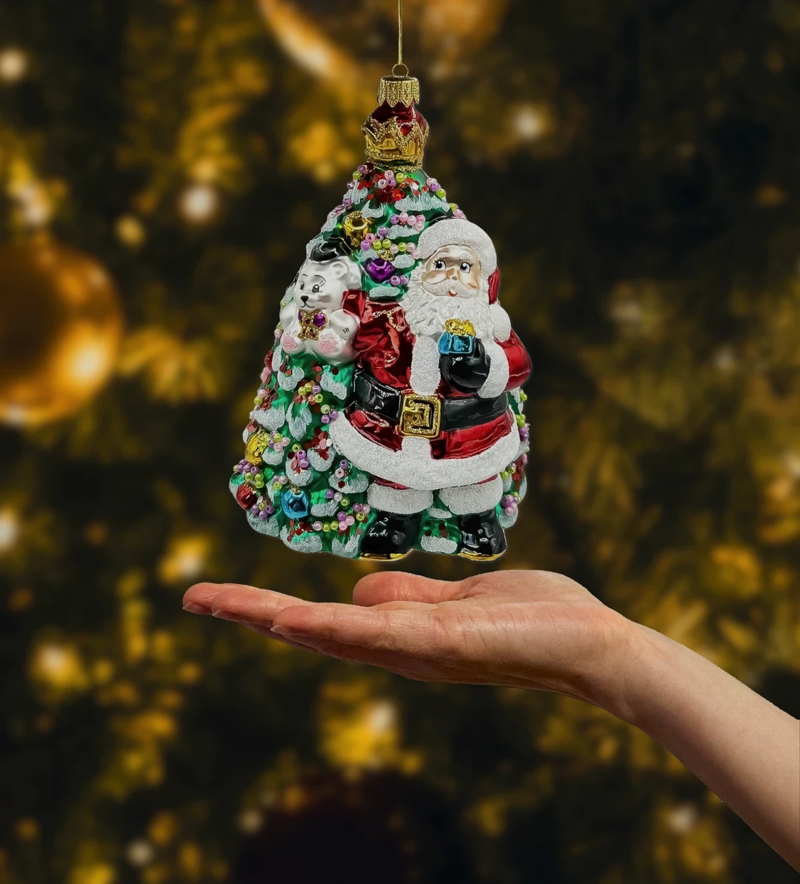 Bombka szklana figurka Mikołaj z choinką pełną prezentów realne zdjęcie